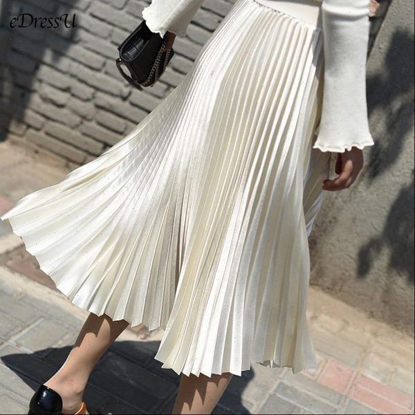 

11 colors pleated midi long womens skirt silk satin vintage elegant beige bottom ls 9852, Black