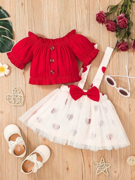 

baby puff sleeve & heart print mesh overlay bow pinafore skirt she, White