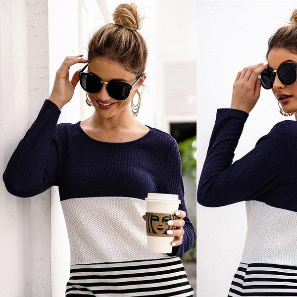 

new style for autumn and winter in europe cross border womens self priming stripe panel long sleeve pullover knitting shirt, White;black