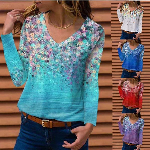 

2021 autumn winter new v-neck printed long sleeve women's t-shirt top, White