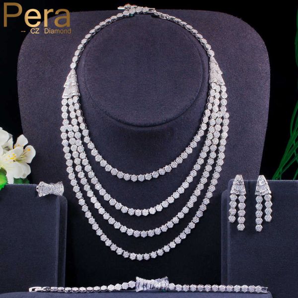 

pera 4pcs bridal wedding party cz crystal gorgeous multilayers choker necklace earring bracelet ring jewelry sets for women j408 h1022, Silver
