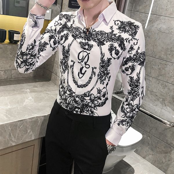 

2021 new korean fashion digital print shirt streetwear long sleeve shirts for men slim fit occasional blunder male costumes 2 colors 4woj, Black;brown