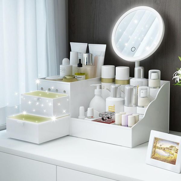 

storage boxes & bins led mirror makeup organizer bathroom large capacity drawer box skin care dressing table girl cosmetic beauty case