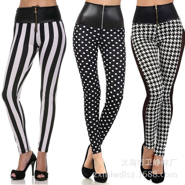 

new milk silk printed capris zipper elastic dot high waist leggings, Black