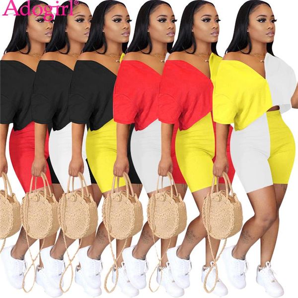 

women's tracksuits adogirl color patchwork women set v neck off shoulder short sleeve t shirt crop shorts summer tracksuit home clo, Gray