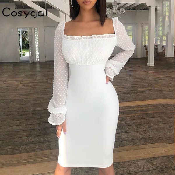 

cosygal bandage bodycon dress women off shoulder knee length party dress office lady dot white lace dresses vestidos 2021, Black;gray