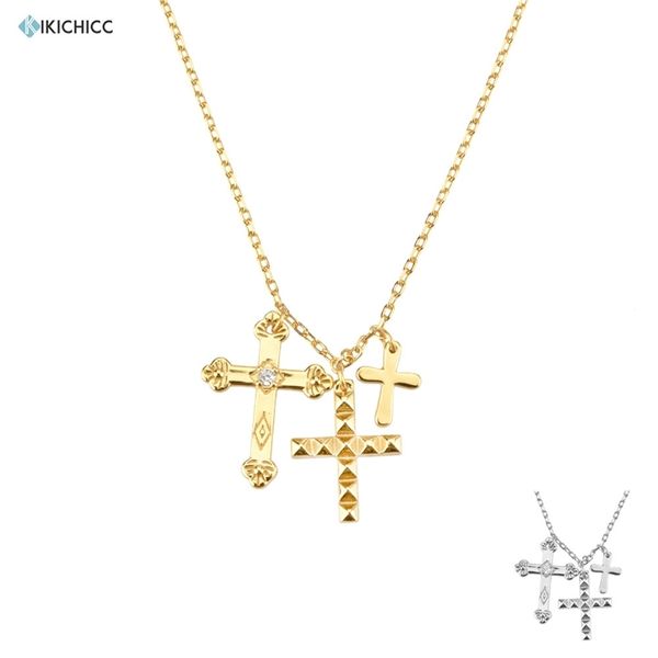 Kikichicc Gold 925 Sterling Silber Klein Drei Kreuz Anhänger Charme Langkette Halskette Mode Fine Mode Fine Schmuck Geschenk 210721