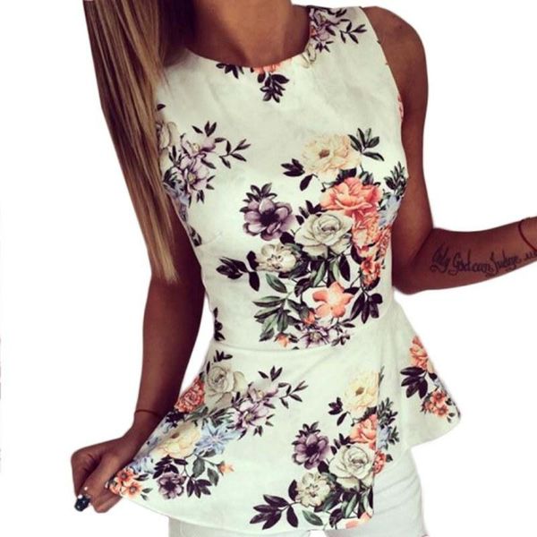

summer women floral regular sleeveless o-neck cosy blouse summer lady shirts, White