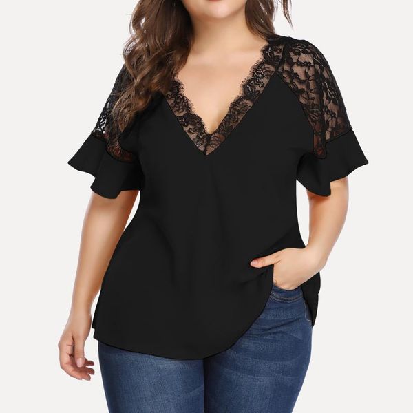 

plus size t-shirt fashion lace blouse shirt loose v-neck casual autumn winter ladies female women short sleeve blusas pullover, Black