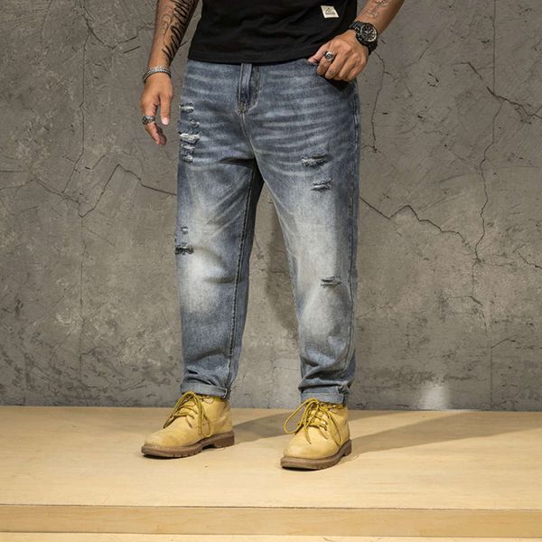 

new style denim loose hole washing fat jeans men's street straight pants, Blue