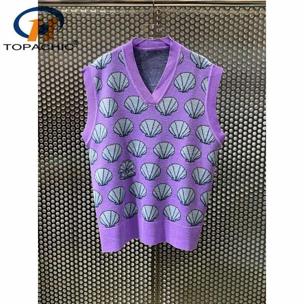 

women's two piece pants 2.24 high end quality spring shell print loose knit v-neck sleeveless vest or waist wide-leg set women, White