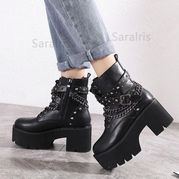 

boots sarairis fashion metal decoration round toe square heel women shoes modern design zipper comfy, Black