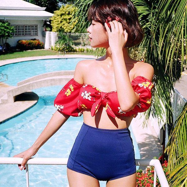 

floral print bikini swimsuit women push up set swimwear bathing suit high waist off shoulder female for holiday travling