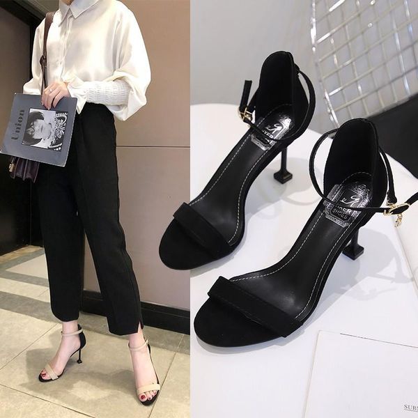 

heel all-match black buckle student sandals 2021 cat high-heeled fairy thin