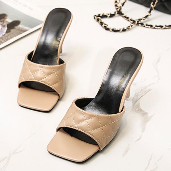 

slippers square toe woman fashion women slides female high heels gingham pumps women's mules thin ladies plus size 44, Black