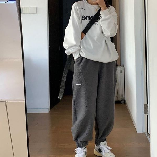 

women's pants & capris lamb cashmere thick women 2021 solid color y2k autumn and winter retro loose straight leggings plus ins, Black;white