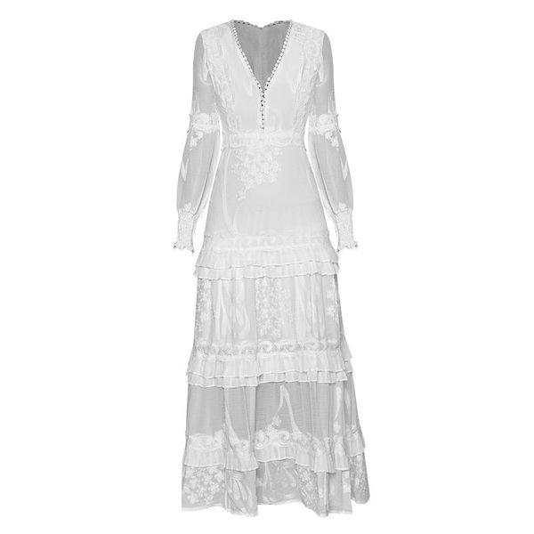 

casual dresses crochet frills v-neck buttons bib lantern sleeve floor length embroidery white long dress, Black;gray