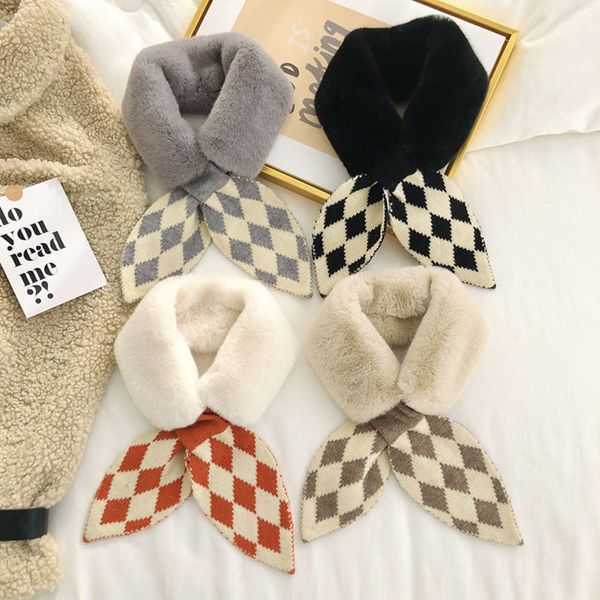

autumn and winter korean rex like hair scarf women's warm stripe plush collar thousand bird lattice rhombic pattern imitation rabbit, Blue;black