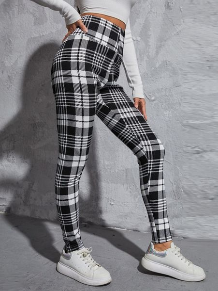 

plaid print wide waistband skinny pants m2jl#, Black;white