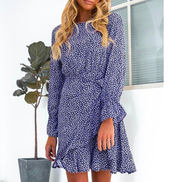 

casual dresses women floral dress butterfly print short sleeve ruffle pleated beach boho elegant ladies belt waist party vestidos, Black;gray