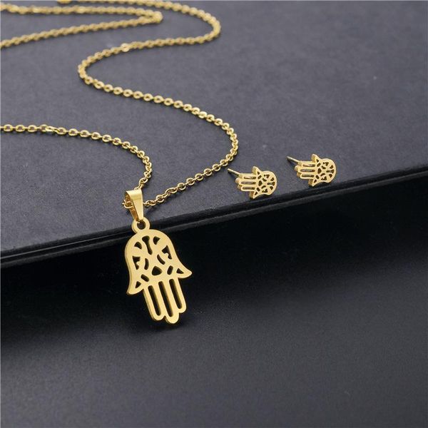 

pendant necklaces small stainless steel lucky buddha palm gesture chain necklace earring set wedding love you women mother jewelry, Silver