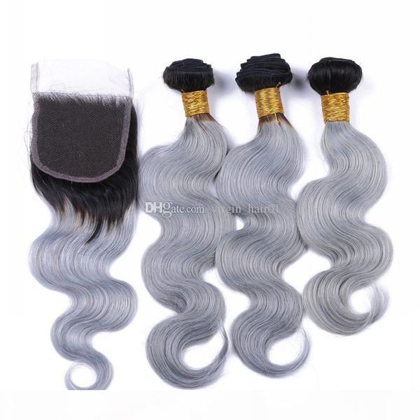 

sliver grey ombre lace closure with bundles brazilian virgin human hair bundles dark root grey body wave ombre weave with 4*4 lace closure, Black;brown