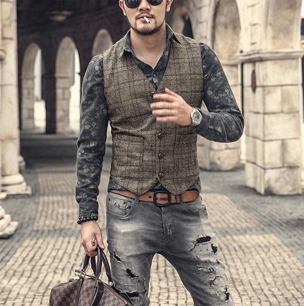 

men's vests silver plaid suit vest for men wool tweed casual waistcoat formal business groomsmen forwedding, Black;white
