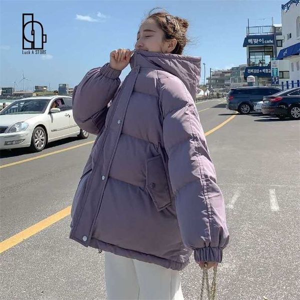 

luck a women fashion colors winter hooded puffer jacket female loose long sleeve coat solid harajuku warm oversize parkas 211013, Black