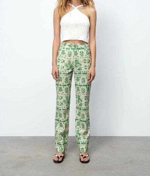

women's pants & capris 2021 women chic fashion floral print straight linen vintage high waist zipper female pockets buttons lady trouse, Black;white