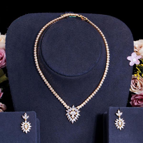 

earrings & necklace beaquee gorgeous flower wedding jewelry set gold color cubic zirconia crystal marquise cut and earring for brides js295, Silver