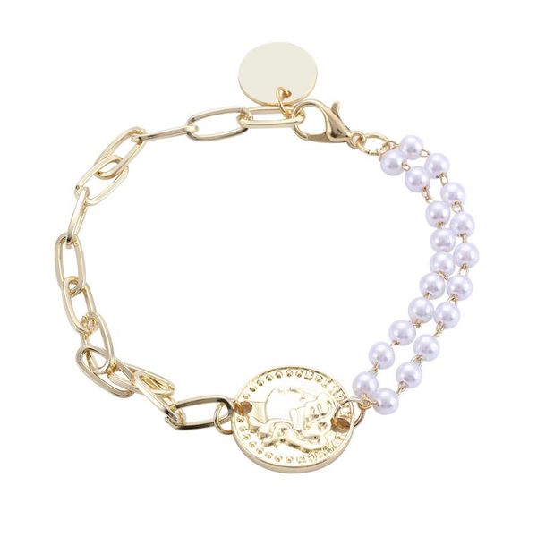 

link, chain temperament bracelet pearl women korean retro head coin jewelry accessories simple banquet all match 2021, Black