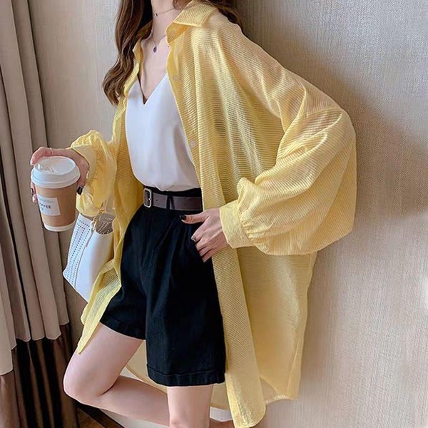 

women's blouses & shirts 2021 sunscreen women korean loose summer thin coat trend style stripes blouse outwear female shirt plus size t, White