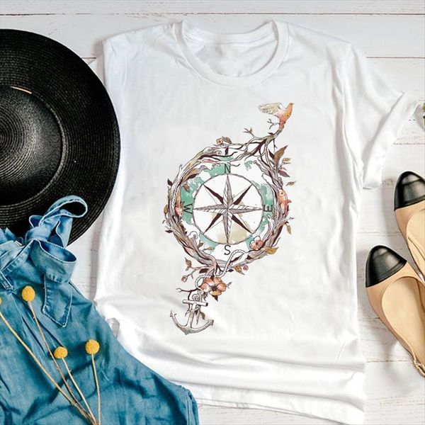 

graphic cartoon compass vintage cute women t shirt summer casual fashion 90s print female clothes tees, White