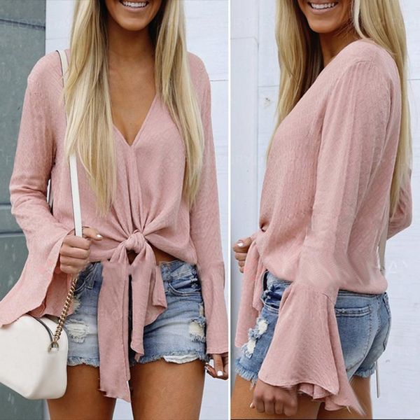 

women's t-shirt long sleeve v-neck hem knotted trumpet cuffs pink, White