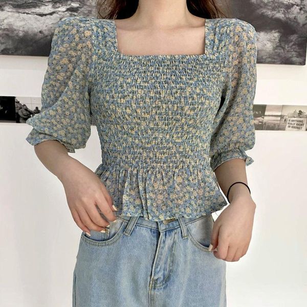 

women's blouses & shirts summer blouse women sweet floral chiffon fashion korean style puff sleeve square collar clothing, White