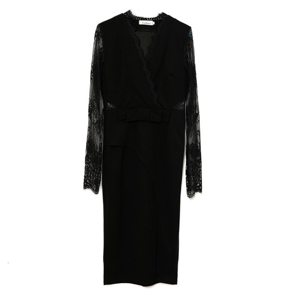 

mid hem split v-neck bow lady dress lace spring sleeve summer pencil dressed women's ta8909 zvhi, Black;gray