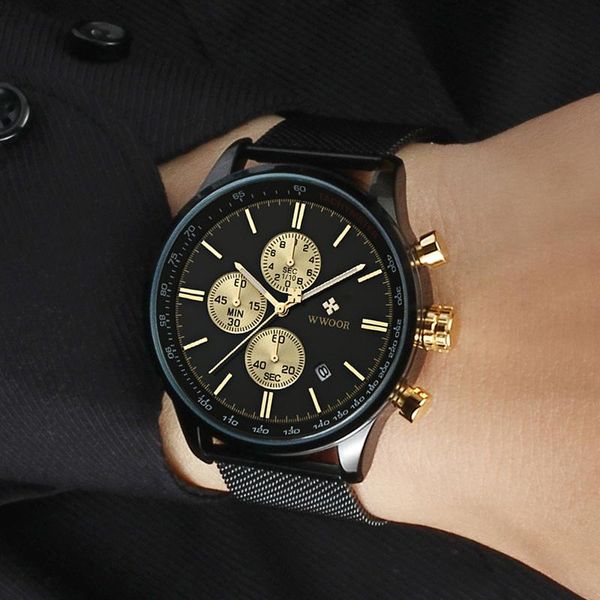 

wristwatches wwoor men fashion black mesh strap quartz sports waterproof chronograph calendar relogio masculino, Slivery;brown