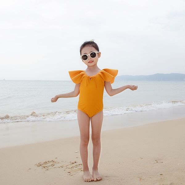 

swimsuit color i 2020 girls' pure new line open back ruffle ring buckle bow cute, White;black