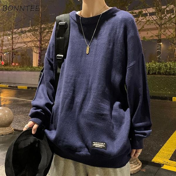 

men pullovers solid simple loose casual knitted sweater o-neck vintage all-match student streetwear korean style ulzzang leisure, White;black