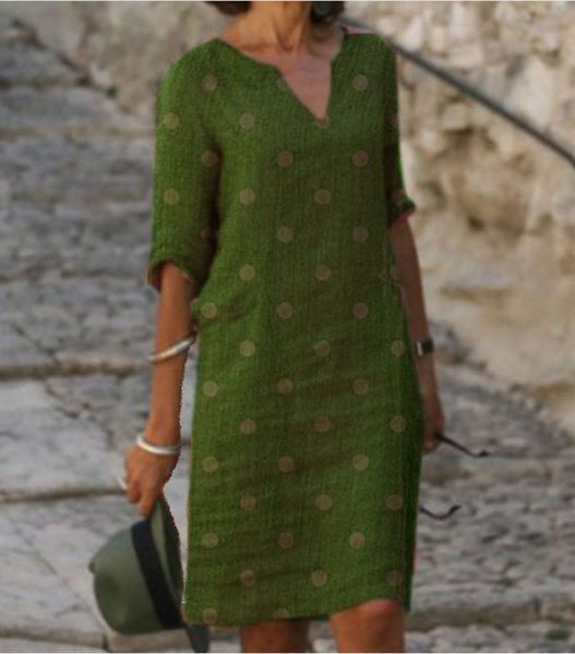 

dot v-neck new linen fall print drs 2021, Black;gray