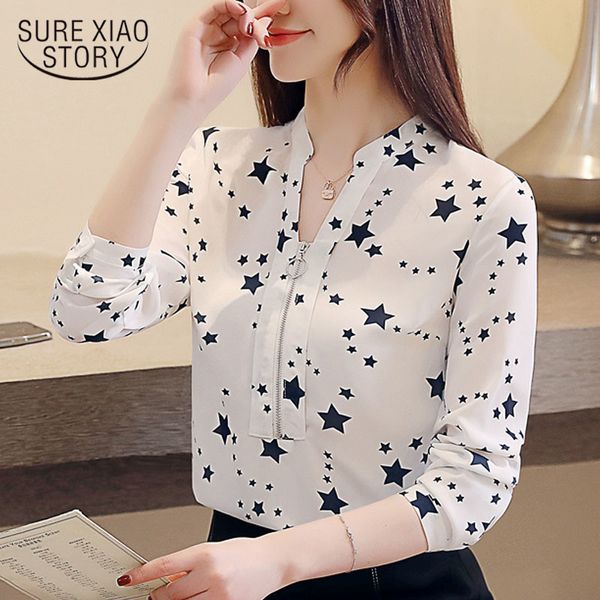 Fashion Coreano Primavera Nova Camisa Chiffon Feminina Causal Print Stars Camisa Feminina Manga Longa Tops Mulheres e Blusas Blusas 2216 210225