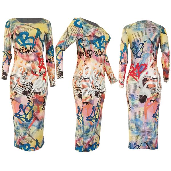 

newspaper graffiti print long sleeve bodycon midi dress women fall winter fashion club dresses d60-ac64, Black;gray