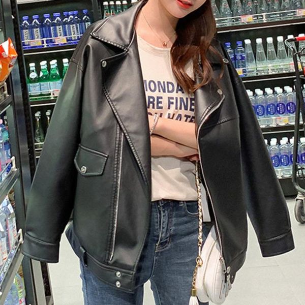 

women's jackets [ewq] 2021 spring autumn female turn-down collar long-sleeved suit loose minimalist zipper black pu leather coat 16w462, Black;brown
