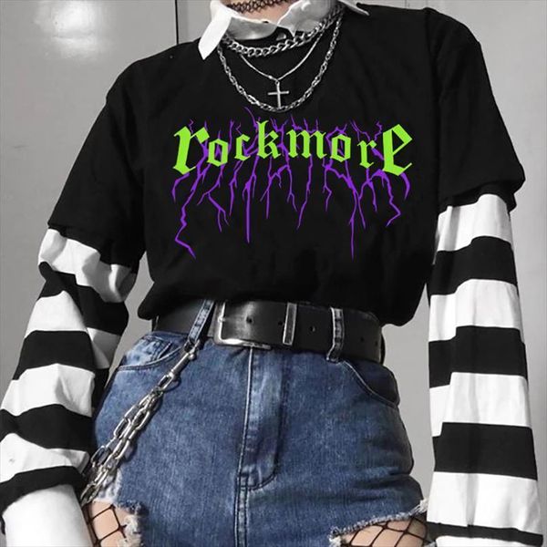 

punk gothic rockmore letter printing mens and womens harajuku dark casual hip hop streetwear cool t shirt summer vintage, White;black