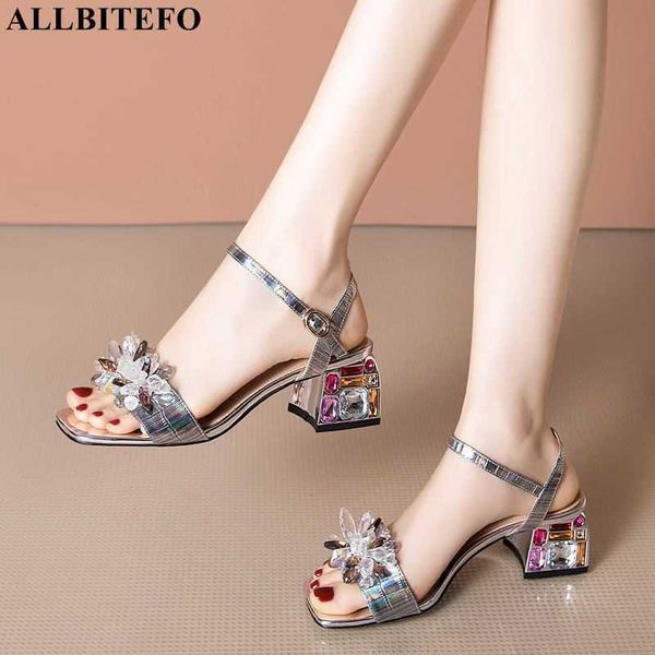 

allbitefo size 33-42 genuine leather crystal flowers brand high heels shoes thick heels party women shoes summer women sandals 210611, Black
