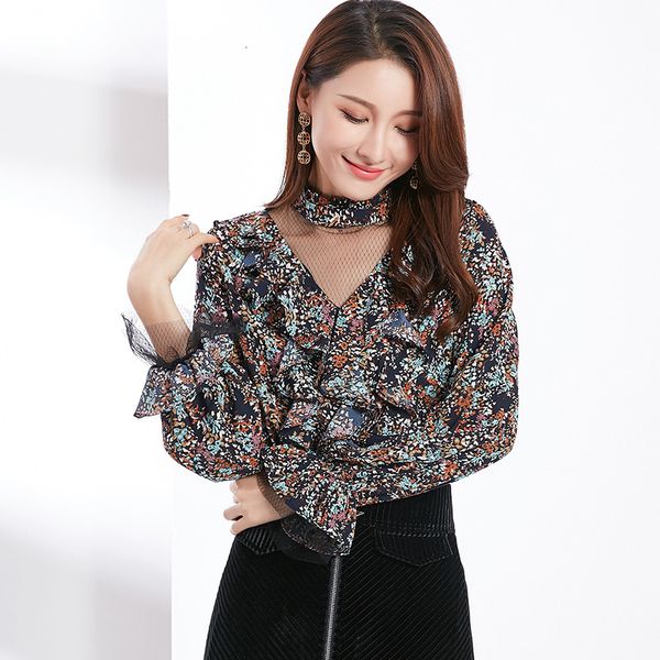 

2021 new nova chegada longo trumpet manga comprida chiffon marca senhoras gola retro malha costura babados camisas mulheres encabea camisa 4, White