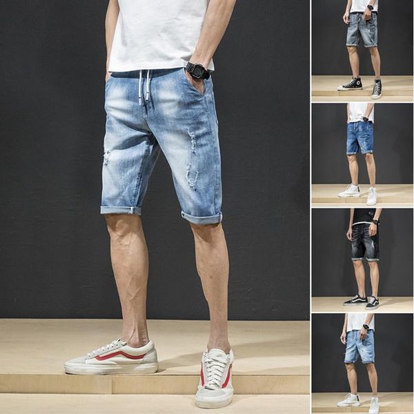 

men's jeans 2021 summer denim shorts trend capris straight middle pants thin casual work, Blue