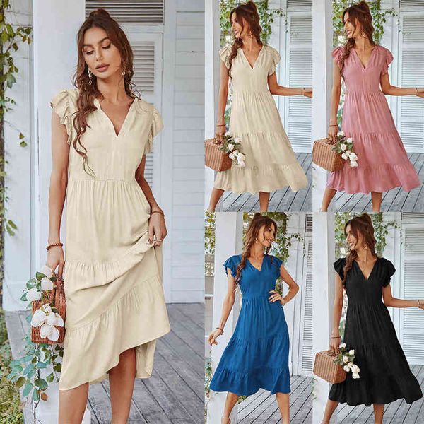 

casual dresses independent v-neck flying sleeve solid dresses 2022 spring and summer leisure a-line skirt, Black;gray