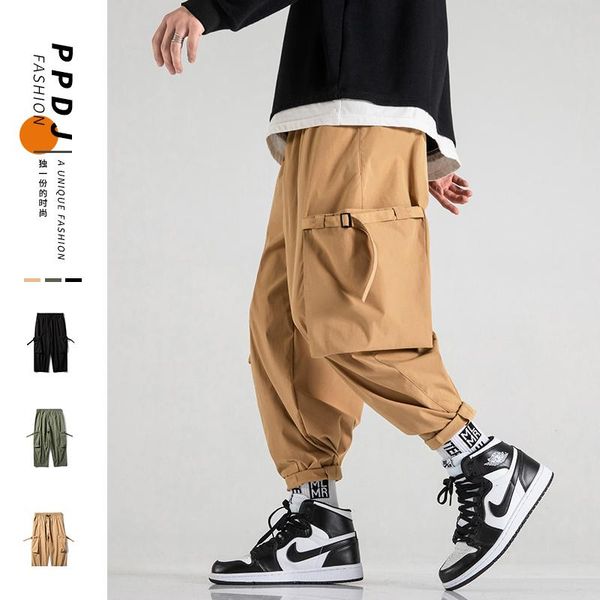 

men's pants japanese style 2021 summer autumn large-size casual multi-pocket breathable ankle-length men trousers high quality, Black
