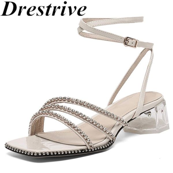 

drestrive women sandals square toe crystal transparent thick heels patent leather buckle 2021 summer high heel shoes black